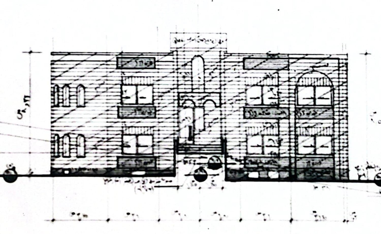 Hand-drawn front elevation of a two-storey cream limestone family home by Eng. Nabil El Massri